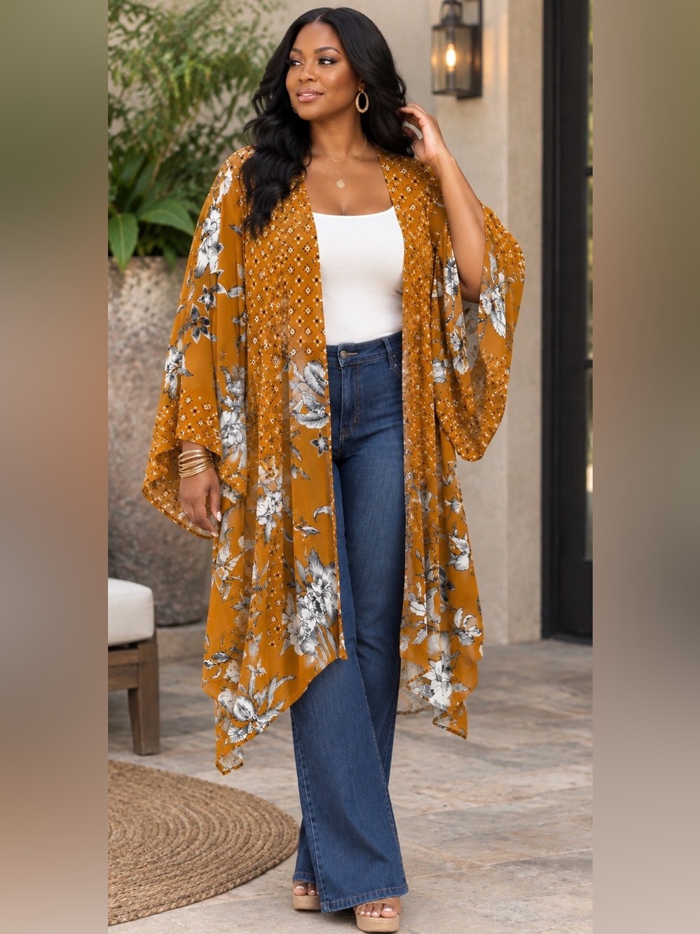 Siren Lily Woman Mustard Floral Open-Front Kimono W/Bell Sleeve Sz 2X Whimsigoth